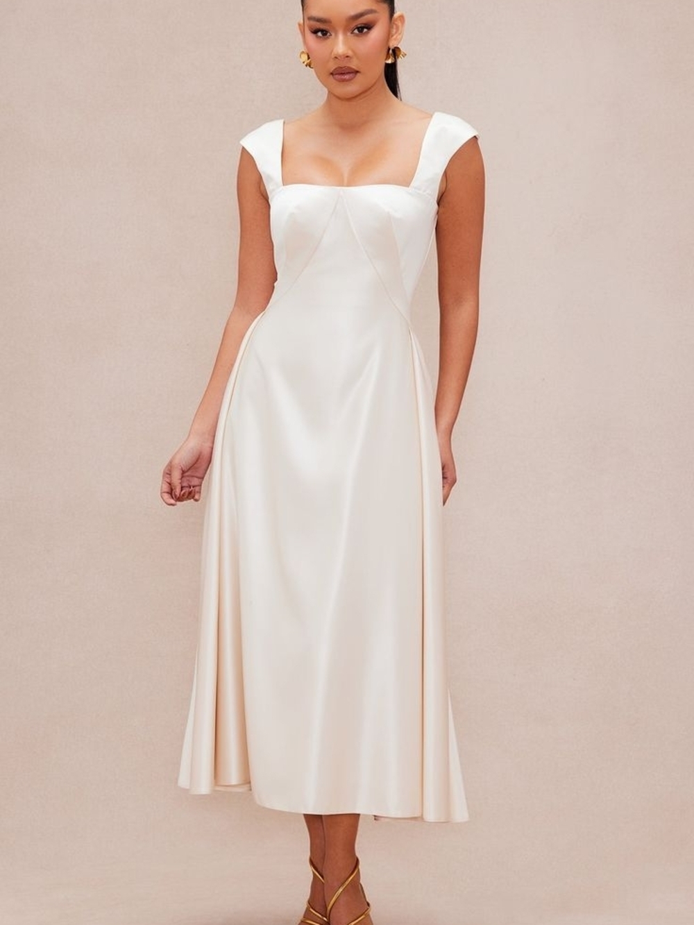 NWT Elegant Cream Satin Midi Dress with Square Neck